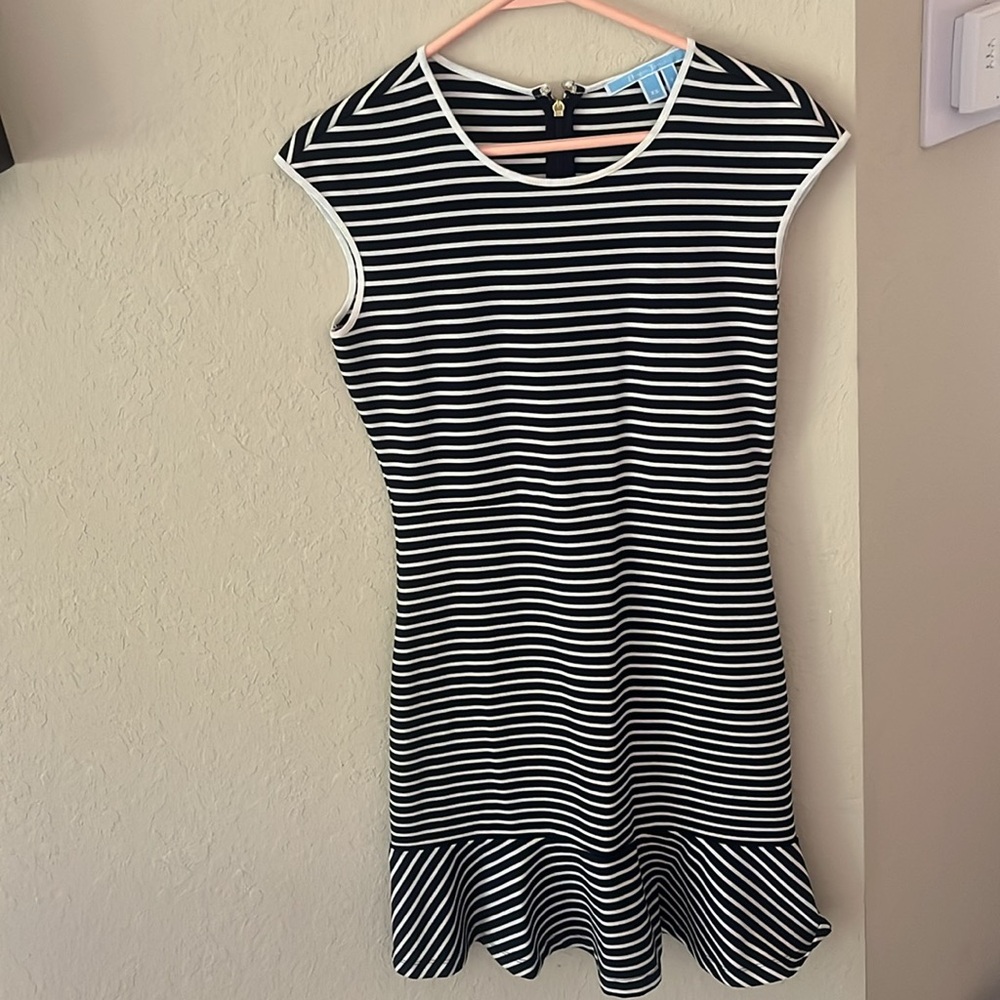 Draper James Black and White Striped, Cap Sleeved Dress
